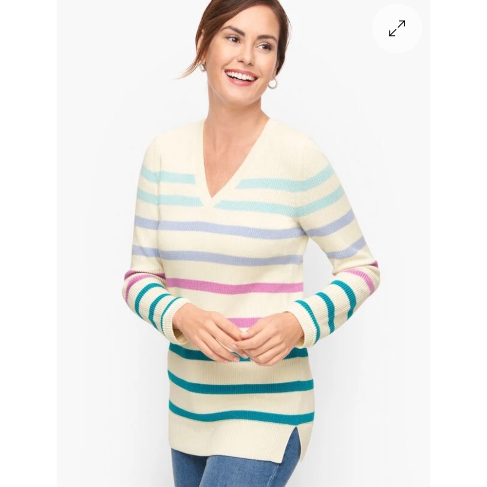 Talbots Casual Stripe Shaker Stitch V-Neck Tunic Sweater Cream Womens